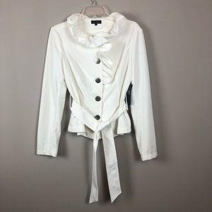White Ruffle Trim Belted Crop Jacket Blazer Coat S
